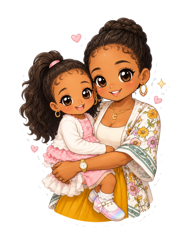 Aysha and her daughter, illustrated